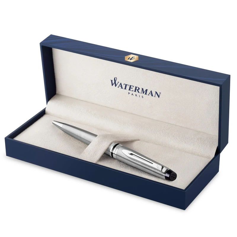 Waterman Expert Ballpoint Pen | Stainless Steel with Chrome TrimMedium Nib with Blue Ink RefillGift Box