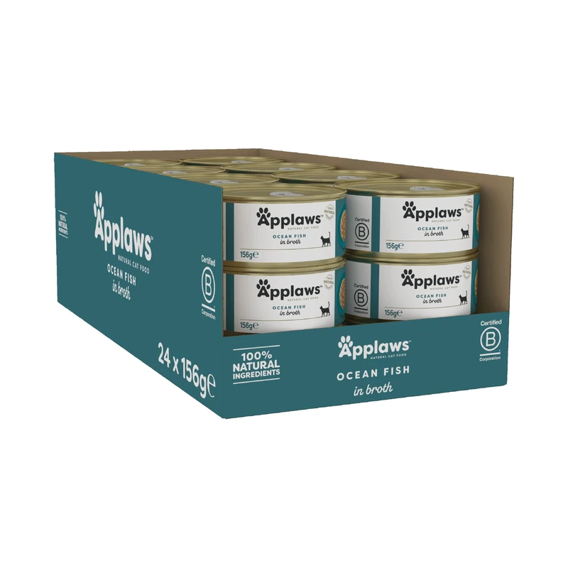 Applaws 100% Natural Wet Cat Food, Ocen Fish Mackerel and Tuna Fillet in Broth for Adult Cats (Pack of 24 x 156g Tins)