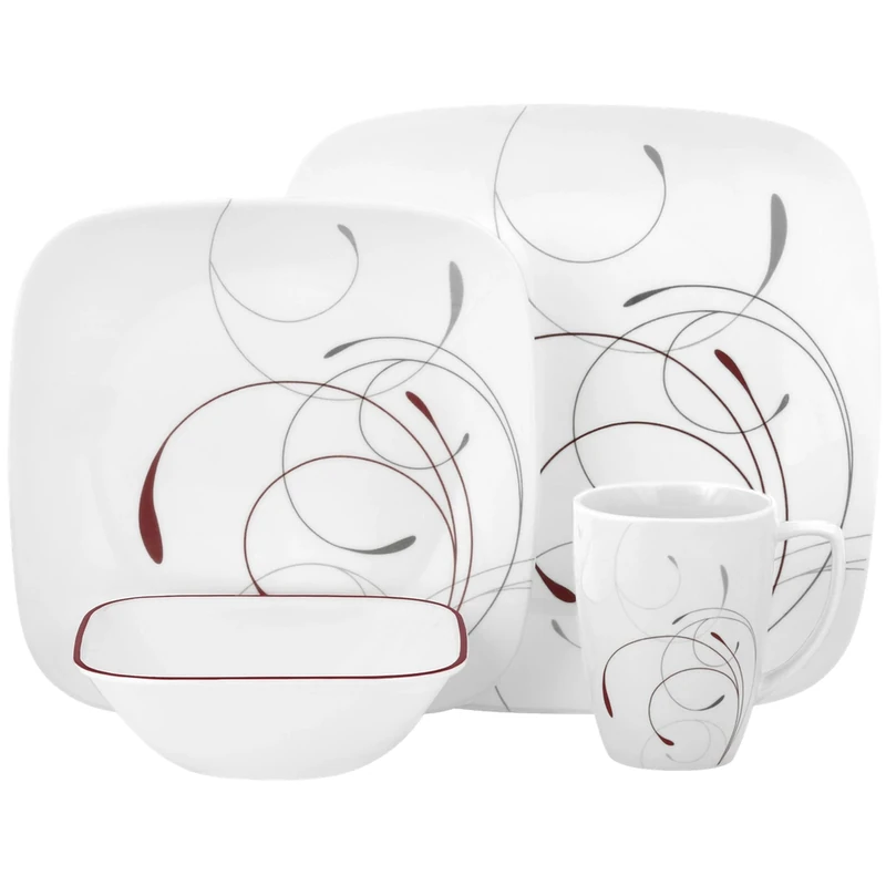 Corelle 16-Piece Vitrelle Glass Splendor Chip and Break Resistant Dinner Set, Service for 4, Red/Grey