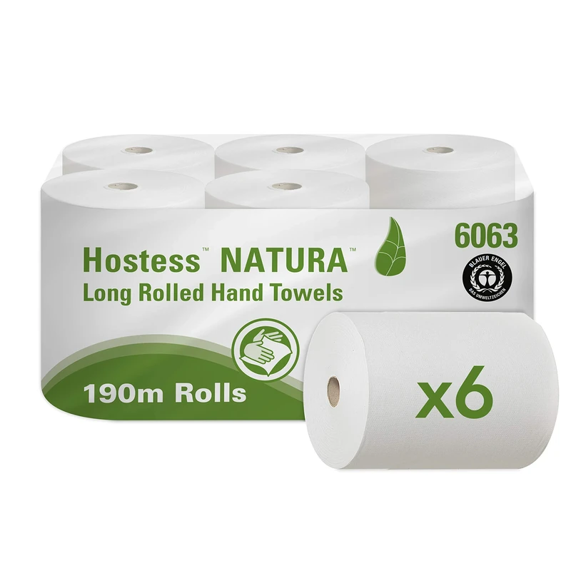 Hostess NATURA 100% Recycled Paper Towels 6063 - 1 Ply Rolled Paper Towels - 6 x 190m Hand Towel Rolls (1,140m total)