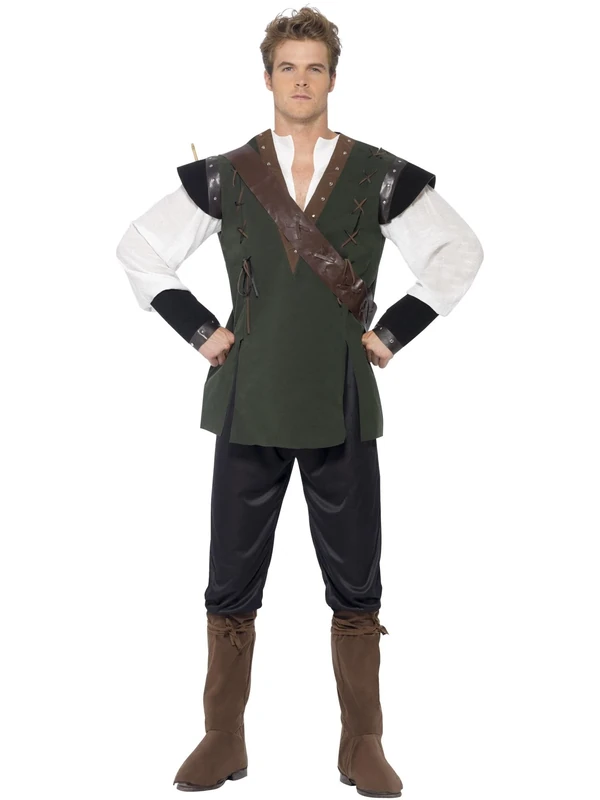 Smiffys Robin Hood Costume, Green Trousers, Shirt, Belt, Arrow Holder & Boot Covers, Historical Fancy Dress, Adult Dress Up Costumes, World Book Day