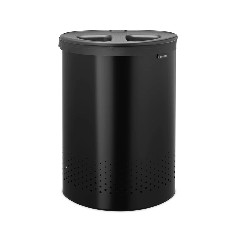 Brabantia Selector Laundry Basket with Lid | 55L - 2 Compartment Washing Basket with Quick‑Drop Lids & Removable Cotton Bag | Matt Black