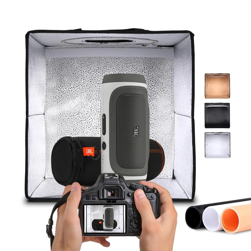 NK Folding Photo Studio Light Box (60 x 60 cm) – 160 LEDs, 3 Light Temperatures, Adjustable Brightness x10, RA90, Small Jewellery Products, Carry Handle (3 Coloured Backgrounds)