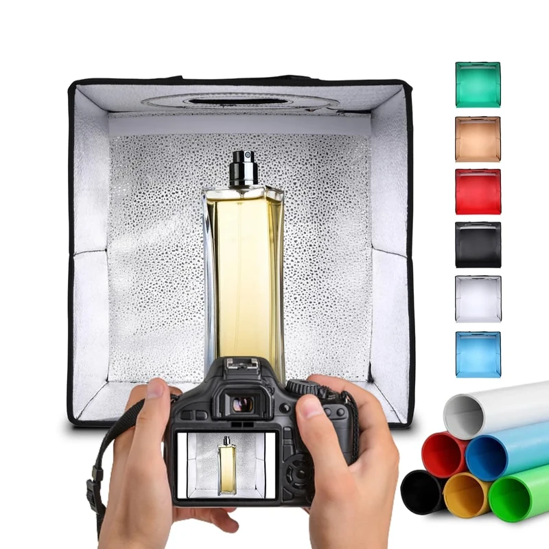 NK Folding Photo Studio Light Box (40 x 40 cm) – 120 LEDs, 3 Light Temperatures, Adjustable Brightness x10, RA90, Small Jewellery Products, Carry Handle (6 Coloured Backgrounds)