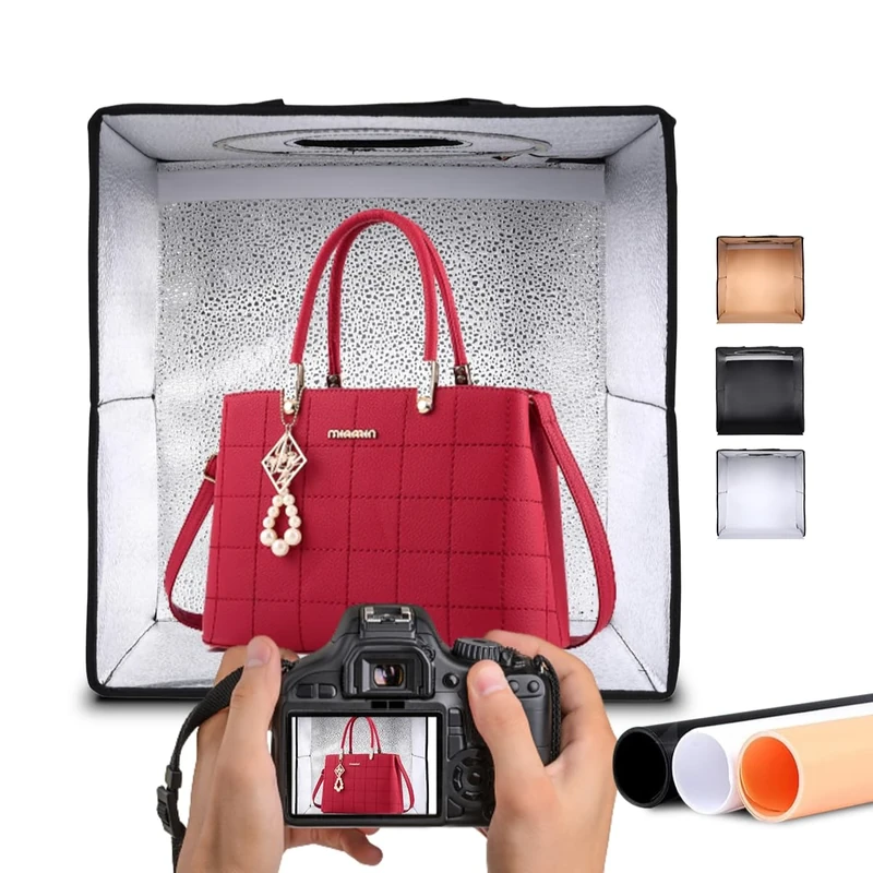 NK Folding Photo Studio Light Box (50 x 50 cm) – 144 LEDs, 3 Light Temperatures, Adjustable Brightness x10, RA90, Small Jewellery Products, Carry Handle (3 Coloured Backgrounds)