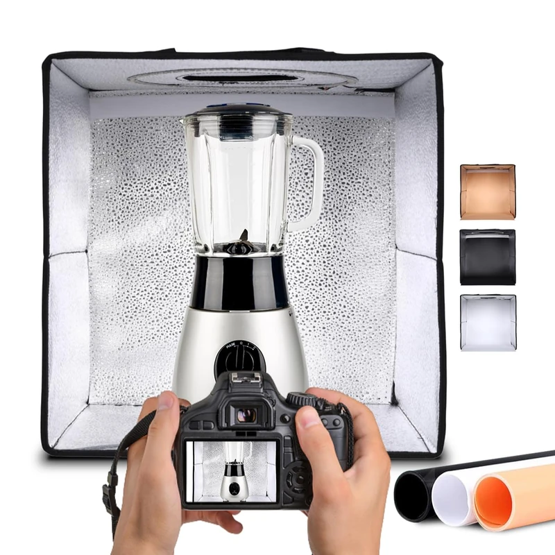 NK Folding Photo Studio Light Box (70 x 70 cm) – 160 LEDs, 3 Light Temperatures, Adjustable Brightness x10, RA90, Small Jewellery Products, Carry Handle (3 Coloured Backgrounds)