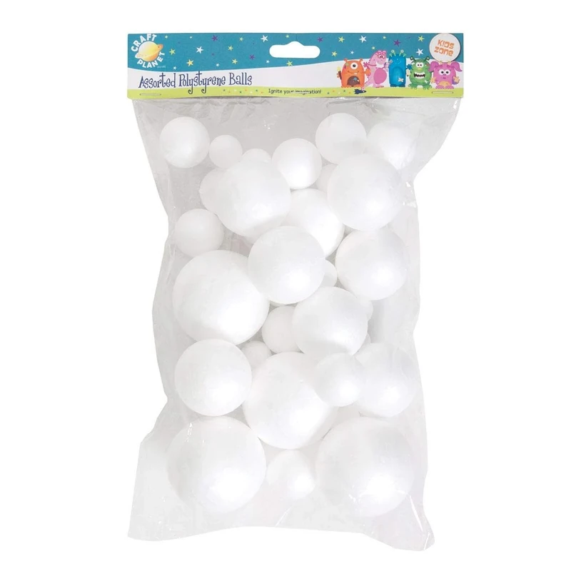 Craft Planet Polystyrene Balls 40 Pieces, White, Assorted Sizes, for Arts and Crafts, Kids, Kids, Basic Shapes, Perfect Base, Decoupage, Painting, Bauble-Making