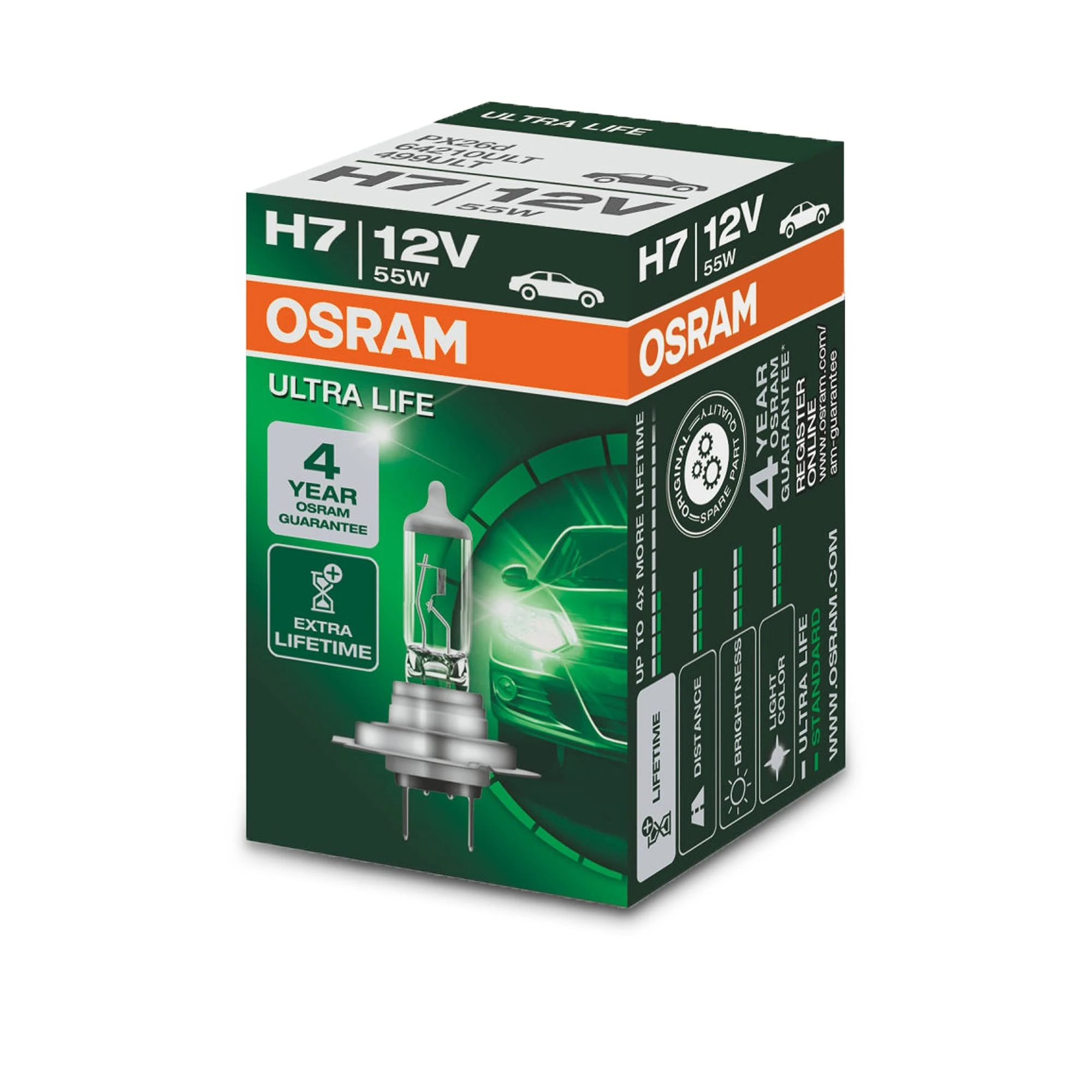 OSRAM ULTRA LIFE H7, halogen headlamp, 64210ULT, 12 V passenger car, folding carton box (1 unit) - clear/silver