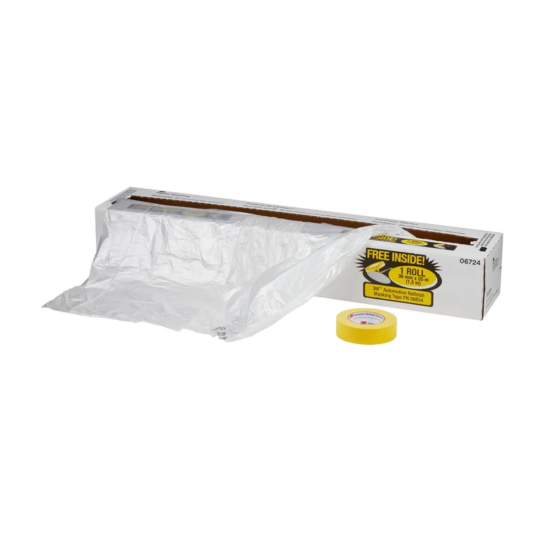 3M Plastic Sheeting With 388N Yellow Masking Tape (36 mm), 06724, Tear Resistant, Easy To Cut, Durable, 16 ft x 400 ft