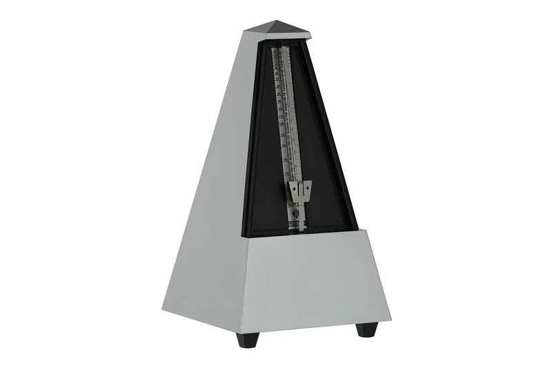 Wittner Metronome Taktell Pyramid Shape System Maelzel Designer Series - Plastic casing - With bell - Light silver coloured - Mechanically wound - No batteries required - Made in Germany
