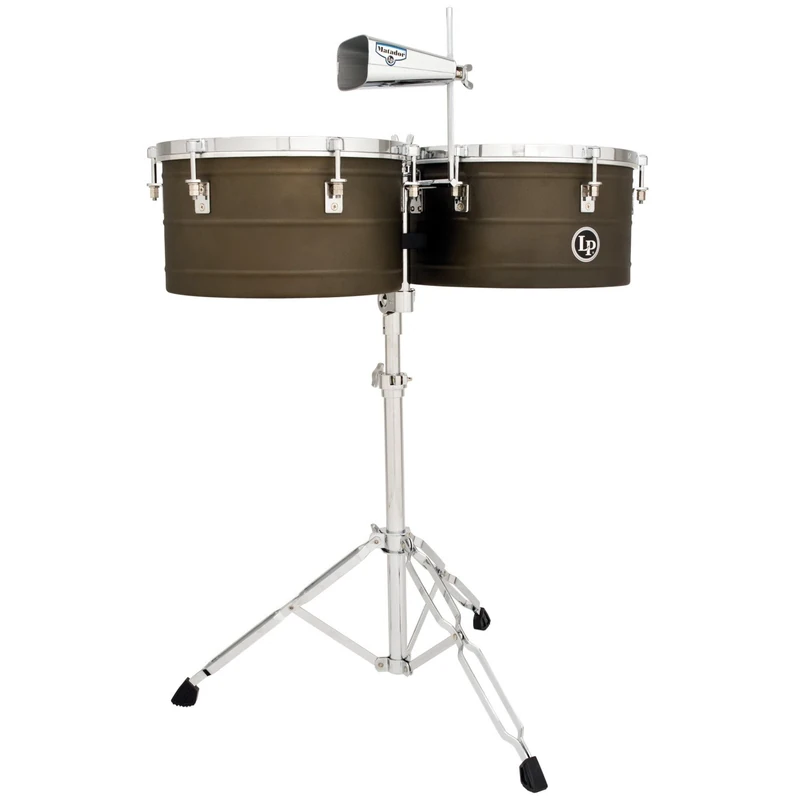 LP Latin Percussion Timbales Matador Antique Coat Steel 14" + 15", Stahlkessel Tiefe 16,5 cm, Optik, herkömmliches Stimmsystem, inklusiv Matador Kuhglocke, Timbale-Ständer, Stimmschlüssel & Stöcke, M258, Trommel, Drum