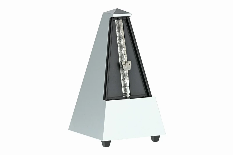 Wittner Metronome Taktell Pyramid Shape System Maelzel Designer Series - Plastic casing - Without bell - Light silver coloured - Mechanically wound - No batteries required - Made in Germany