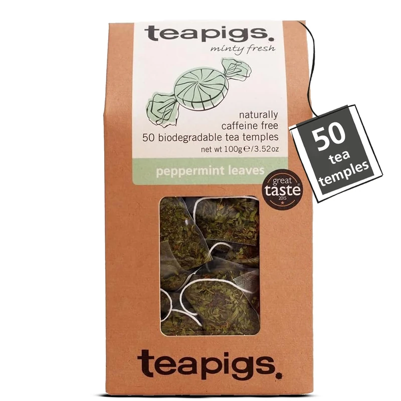teapigs Whole Leaf Peppermint Tea Bags - Caffeine-Free Herbal Infusion for Digestion & Freshness - Biodegradable Tea Temples, Sustainably Sourced - 50 Teabags (1 Pack)