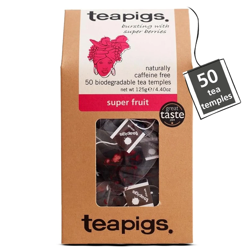 teapigs Super Fruit Herbal Tea Bags - Blend with Hibiscus and Berries for a flavourful brew - Naturally Caffeine-Free - 50 Eco-Friendly Biodegradable Tea Temples (1 Pack)