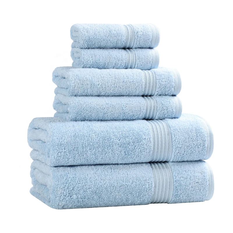 Superior Egyptian Cotton 6-Piece Solid Towel Set, 2 bath towels, 2 face towels, and 2 hand towels, Light Blue