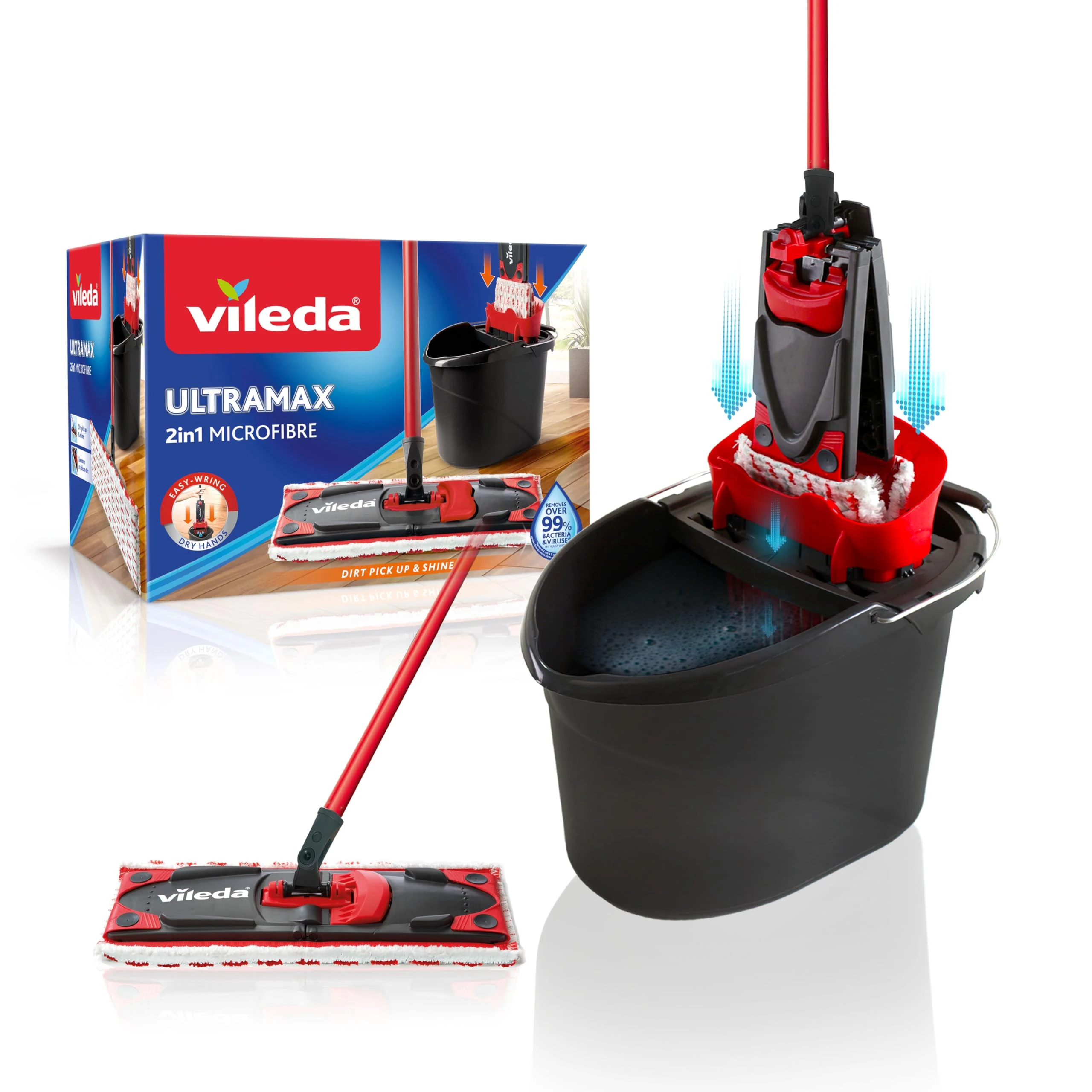 Vileda UltraMax Flat Mop and Bucket Set - Red, Hands-Free Wringing, Machine Washable Microfibre Flat Mop Head, 180° Swivel Head To Clean Hard to Reach Area’s, Suitable for All Hard Floor Types