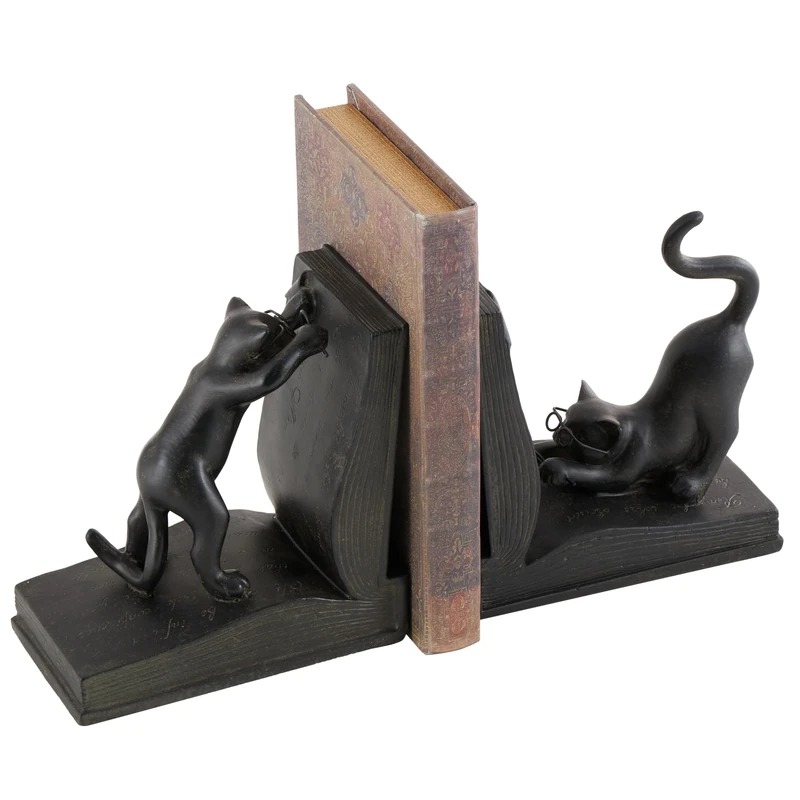 Deco 79 Polystone Cat Reading Bookends, Set of 2 7"H, 6"W, Black
