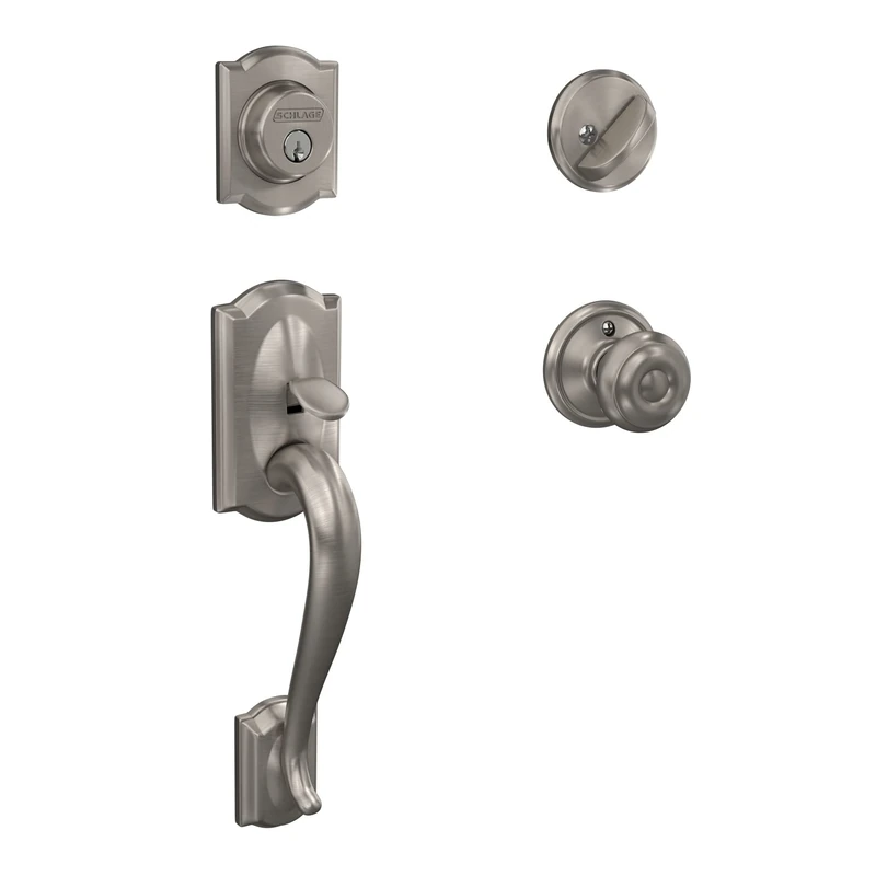 Schlage F60 V CAM 619 GEO Camelot Handle Set with Georgian Knob Interior, Satin Nickel