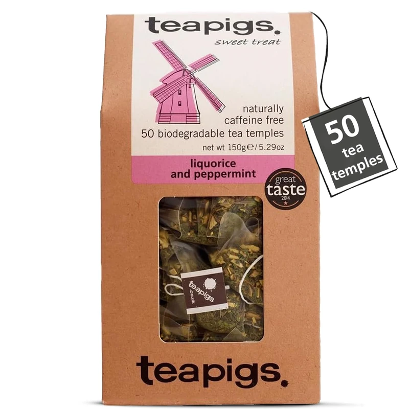 teapigs Liquorice & Peppermint Herbal Tea Bags - Caffeine-Free & Plastic-Free - Great Taste Award-Winning Blend - Naturally Sweet & Refreshing - 50 Eco-Friendly Biodegradable Tea Temples (1 Pack)