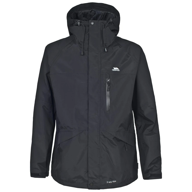 Trespass Mens Jacket Corvo - Waterproof, Windproof, Hooded, Taped Seams, Flat Cuffs, Inner Pockets, Mesh Lining, 3 Pockets, Drawcord Hem, Adjustable Hood