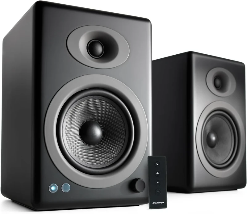 Audioengine A5+ Classic 150W Powered Bookshelf Speakers | Built-in Analog Amplifier | Remote Control | RCA and 3.5mm inputs | Cables included (Satin Black)