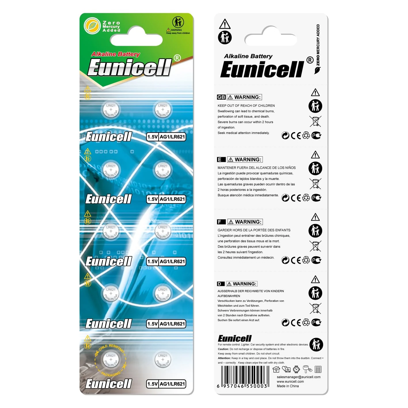 Eunicell Lot de 10 piles bouton AG0 Type LR63 LR521 SR521W 379