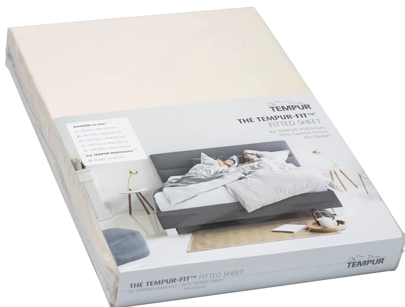 TEMPUR -FIT fitted sheet made of jersey cotton blended with elastane, very stretchy, suitable for mattresses 90/100cm x 200/220cm, machine washable and chemical-free, cream