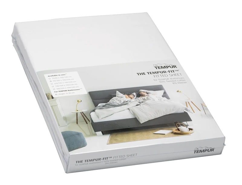 TEMPUR -FIT fitted sheet made of jersey cotton blended with elastane, very stretchy, suitable for mattresses between 140/160cm x 190/220cm, machine washable and chemical-free, white