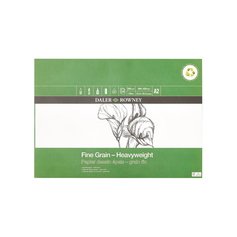 Daler-Rowney Eco Fine Grain Lightly Textured Heavyweight 200gsm A2 Drawing Paper Pad, Glued 1 Side, Acid-free, 30 White Sheets, For Professional Artists & Students