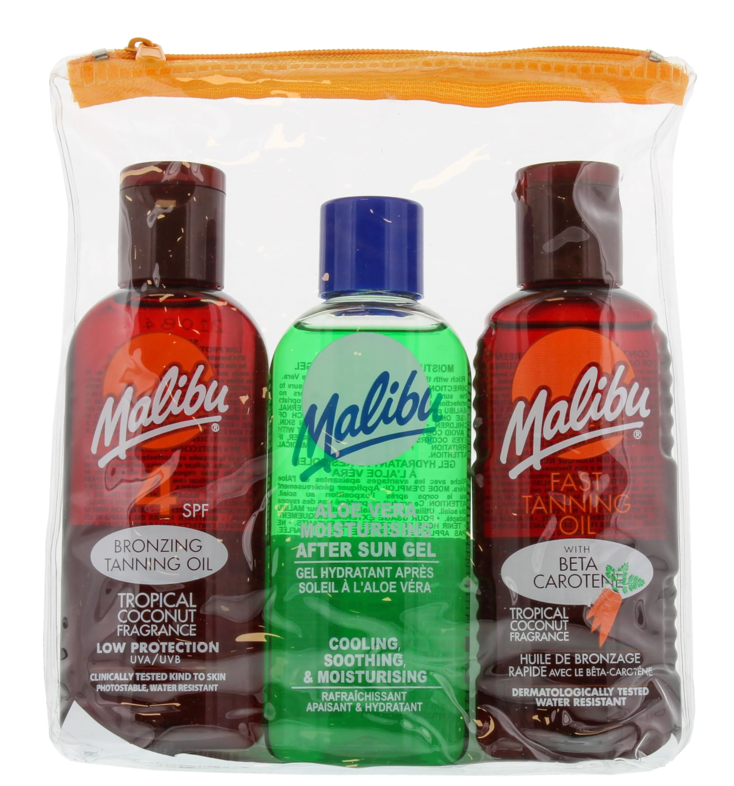 Malibu Sun Fast Tanning Travel Essentials, SPF 4 Bronzing and Beta Carotene Oil, Soothing Aloe Vera After Sun Gel, Water Resistant, Tropical Coconut Fragrance, Multipack, 3 x 100ml