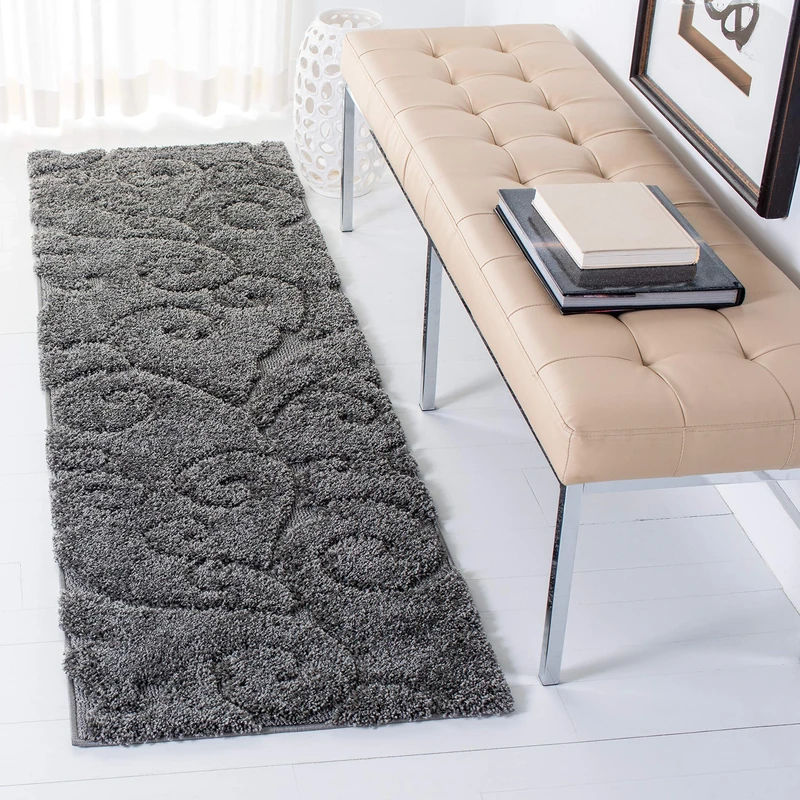 Safavieh Shaggy Indoor Woven Runner Area Rug, Florida Shag Collection, SG455, in Grey, 69 X 213 cm for Living Room, Bedroom or Any Indoor Space