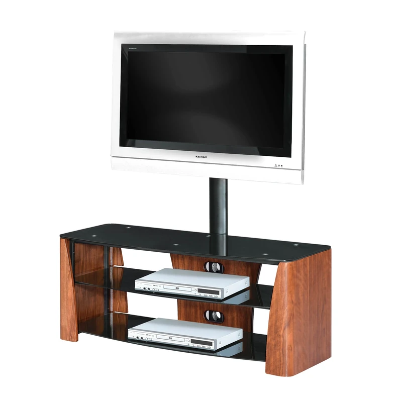 Premier Housewares Flat Screen TV Unit 3 Tier with Walnut Veneer/Black Tempered Glass Shelves, 140 x 127 x 58 cm