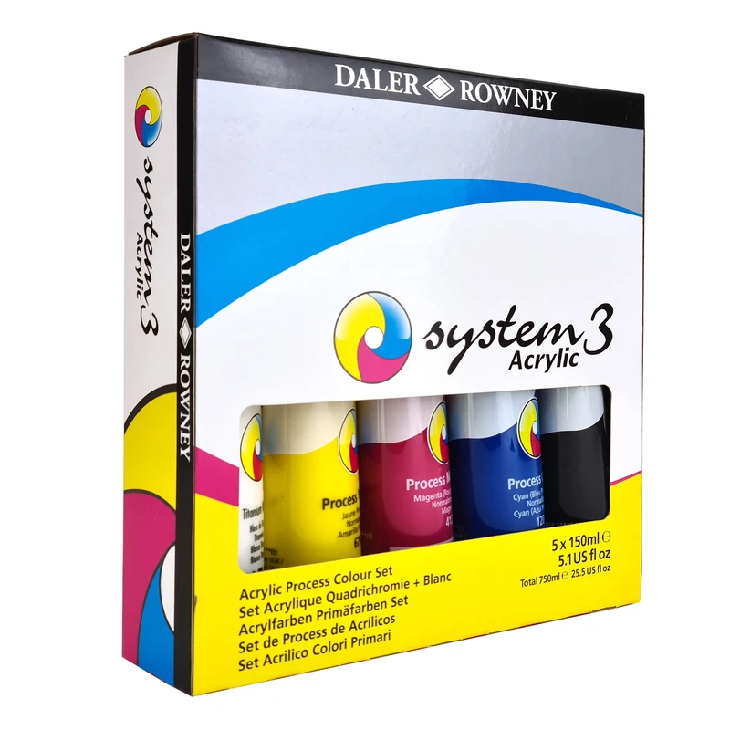 Daler-Rowney System3 150ml Acrylic Paint Process Set, 5 x Assorted Vibrant Colours, Multi-Surface, Ideal for Professional Artists & Students