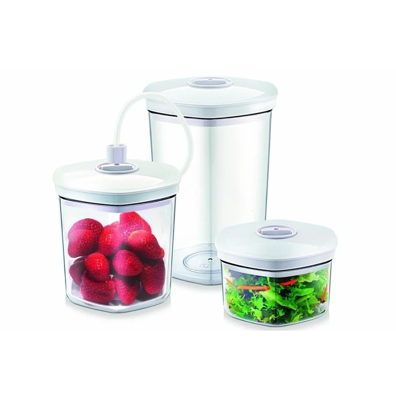Caso Vacuum Container Set, Container Shatterproof and Dishwasher Safe, 3 Vacuum Containers for Pressure-Sensitive and Liquid Food, Suitable for All Vacuum Sealers with Hose Connection, Stackable