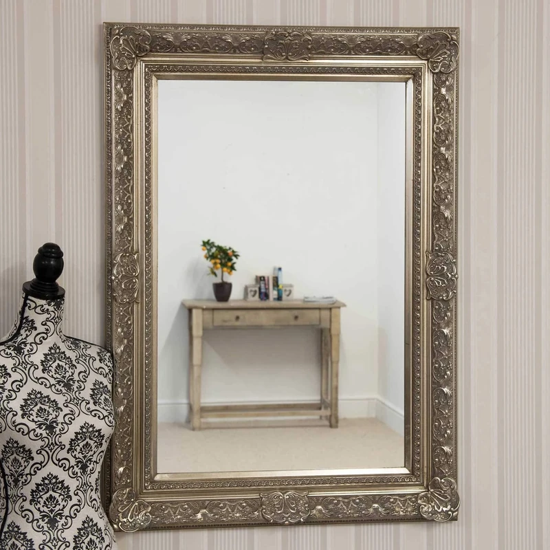 Large Antique Silver Ornate Embossed Shabby Chic Framed BEVELLED Wall / Overmantle Mirror 46inch x 34inch (117cm x 86cm) Stunning Quality - Ready to Hang - ITV Show Supplier