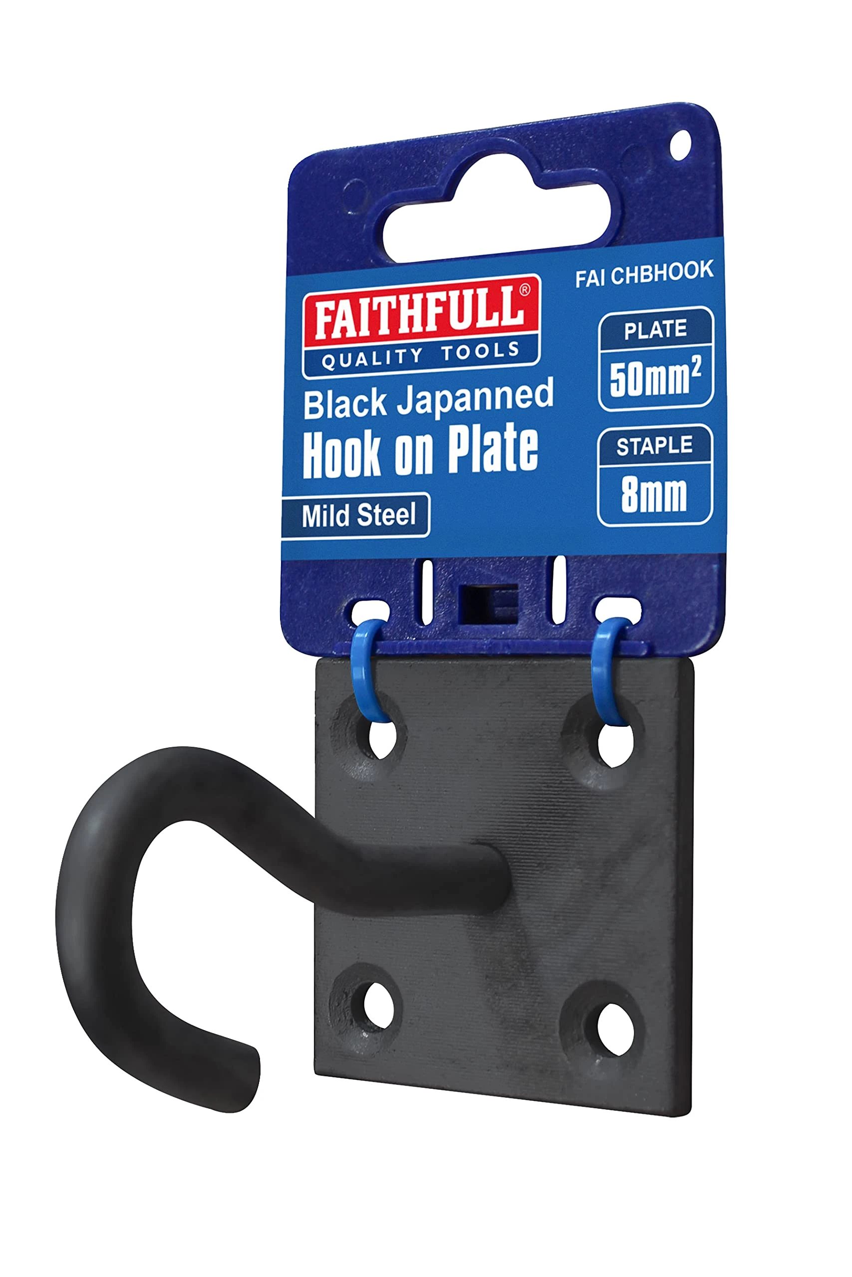 Faithfull 8mm Hook on Plate – Black Japanned Steel Wall Hanging Hook with Pre-Drilled Base (50 x 50mm) for Washing Lines, Cables, Chains & General Storage