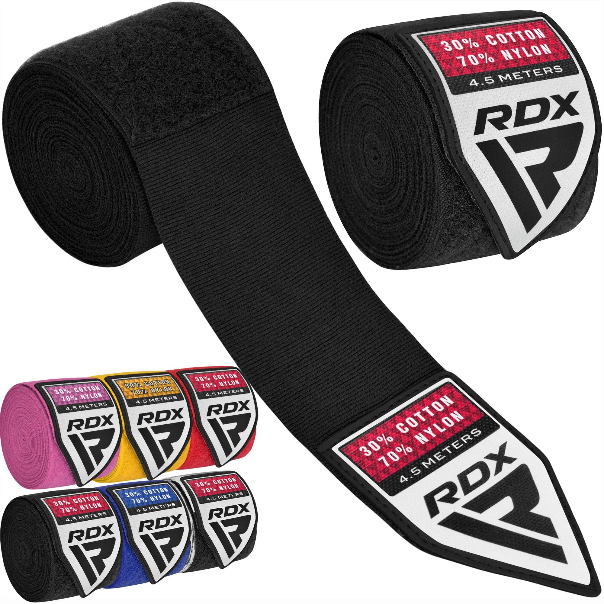 RDX Boxing Hand Wraps 4.5M / 180 Inches – Mexican Style Semi-Elastic MMA Inner Gloves - Wrist Support for Muay Thai, Kickboxing, BJJ, Karate - Thumb Loop & Hook and Loop Closure - Cotton & Nylon Blend