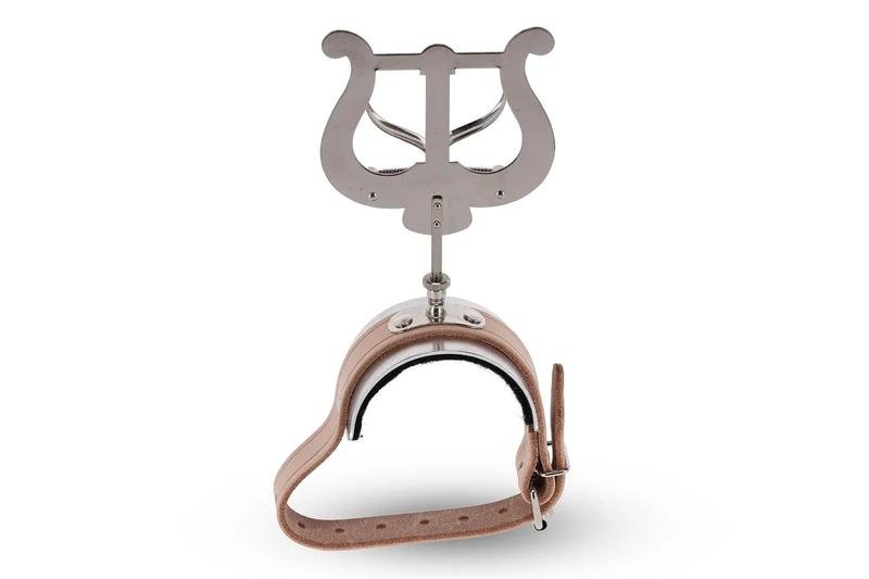 GEWA Marching Music Holder Flute - Nickel Plated - Large Lyra - 2 Pushers - Leather Strap with Aluminium Plate