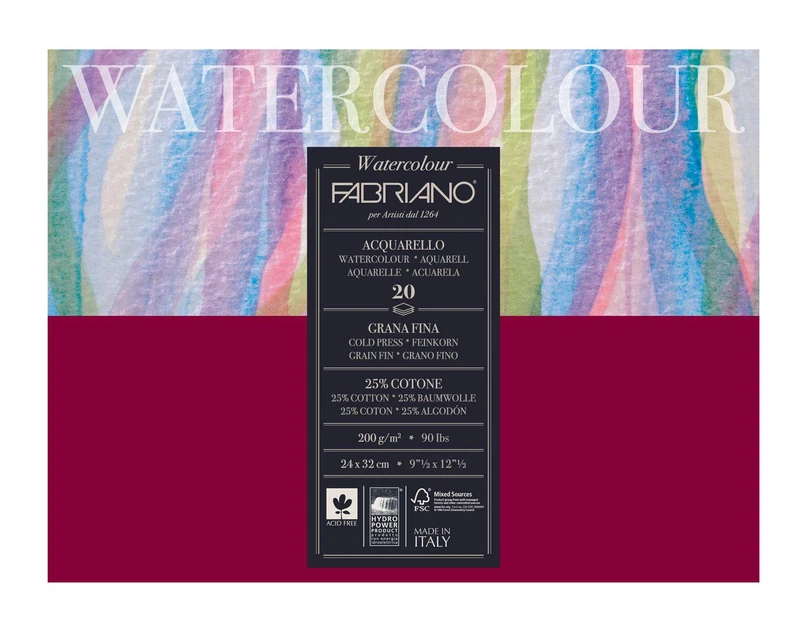 Fabriano 72612432 Watercolour Paper, Cotton, White, 24 x 32 x 0.5 cm