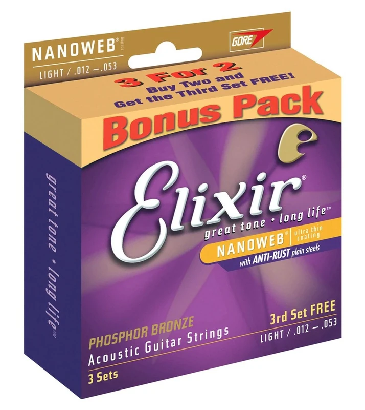 Elixir 3 for 2 Extra Light 92/8 Phosphor Bronze 10-47 Nanoweb Guitar Strings Promo Pack