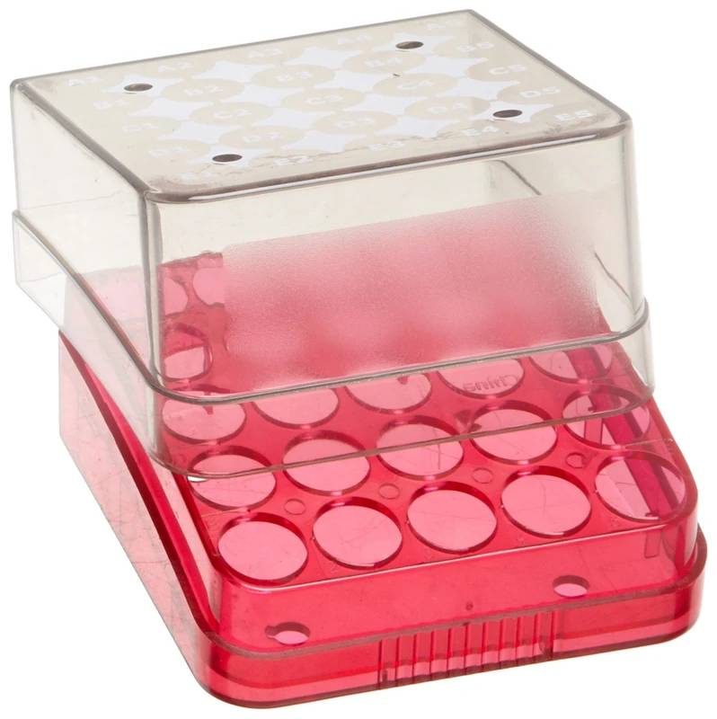 Heathrow Scientific HD23325A Arctic Squares Cryostorage 5 x 5 Array Box, Polycarbonate, 76 mm Length x 76 mm Width x 53 mm Height, Red (Pack of 8) - Image 1