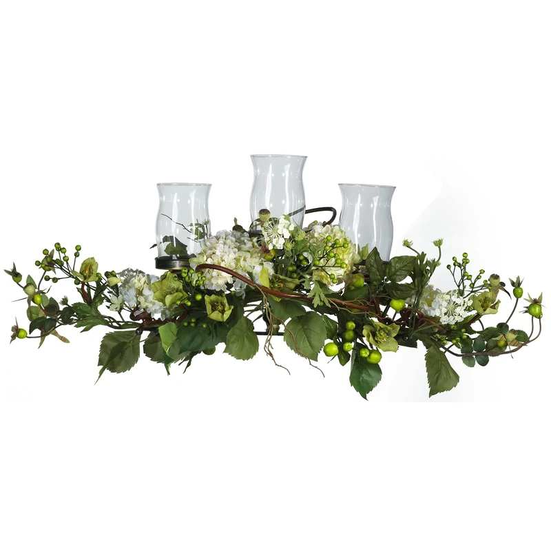 Nearly Natural 4634-CR Hydrangea Triple Candleabrum Centerpiece, Cream