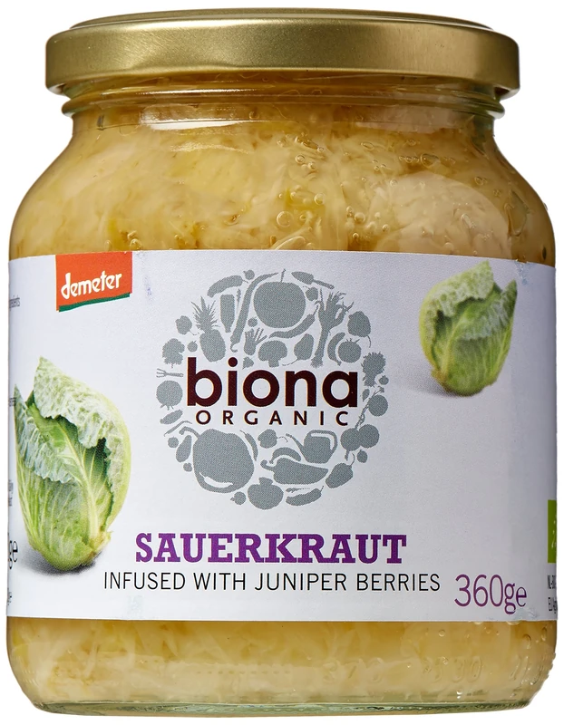 Biona Organic Sauerkraut 350 g, Pack of 6 - Infused with Juniper Berries - Fresh, Naturally Fermented Organic White Cabbage - Pasteurised - High in Protein, Naturally Vegan - No Additives