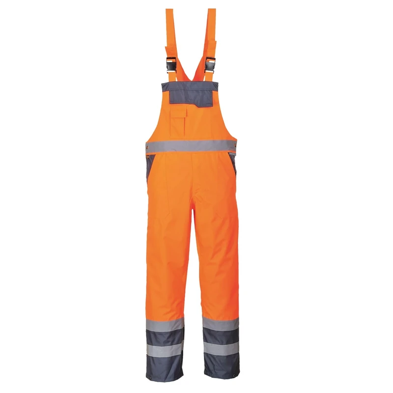 Portwest S488 Men's Hi Vis Bib and Brace Work Overalls Breathable Contrast Rain Dungarees - Waterproof Windproof Reflective Tape Adjustable Fit Multi Utility Pockets, Orange/Navy, S