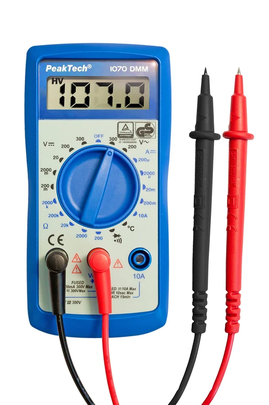 PeakTech 1070 - Digital Multimeter CAT III with LCD Display, TÜV/GS, Battery Tester, Manual Multimeter, Voltmeter, Electronic Ammeter, Continuity Tester, AC/DC, Temperature Measurements - Max 300 V