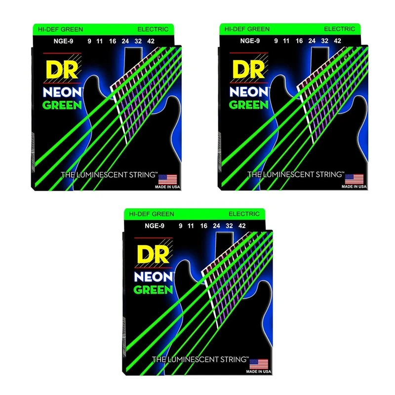 DR NGE-9 - Hi-Def Fluorescent Green Electric Guitar Strings 009-042 3-Pack