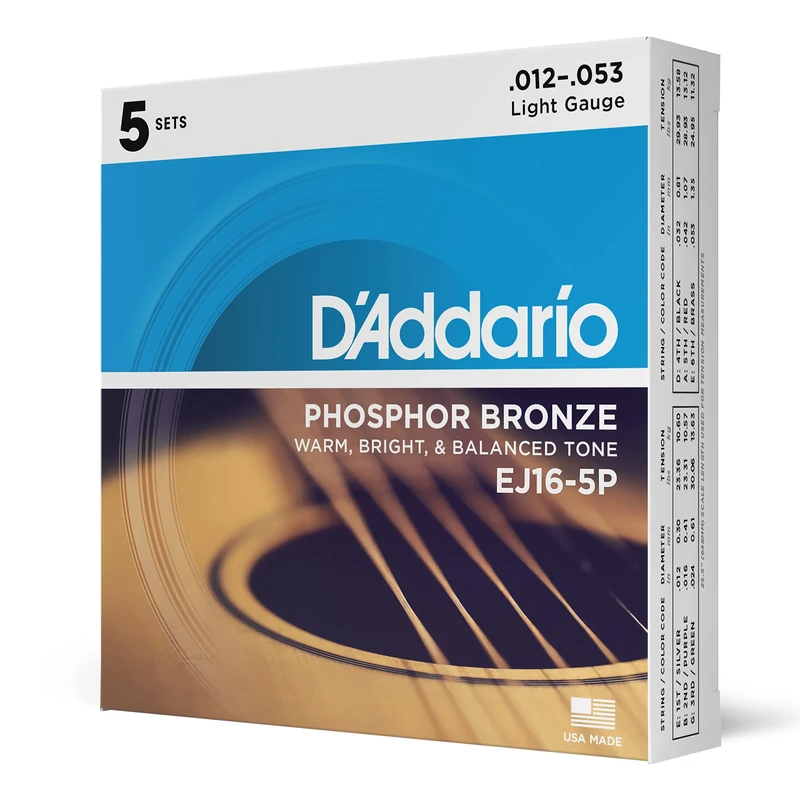 D'Addario Guitar Strings - Phosphor Bronze Acoustic Guitar Strings - EJ16-5P - Rich, Full Tonal Spectrum - For 6 String Guitars - 12-53 Light, 5-Pack