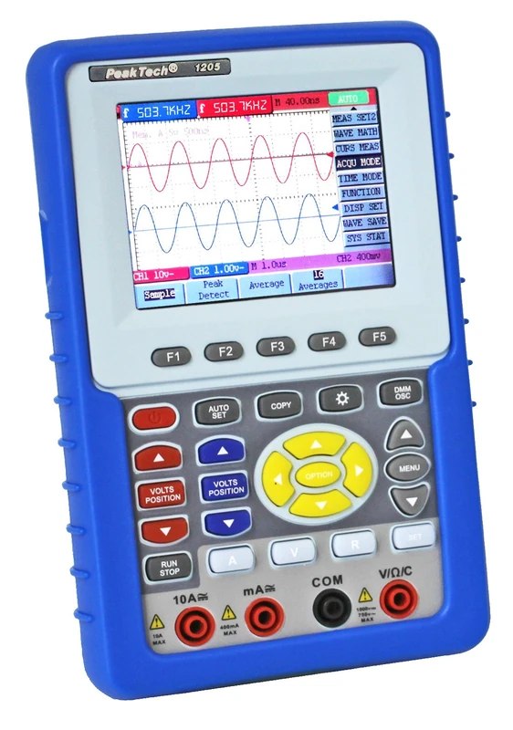 PeakTech 1205-2-Channel Handheld Digital Oscilloscope (20 MHz) and True RMS Multimeter (4000 Counts) with USB Interface and 3.8" Color Display, DSO, Record Length 6K, Case and Accessories
