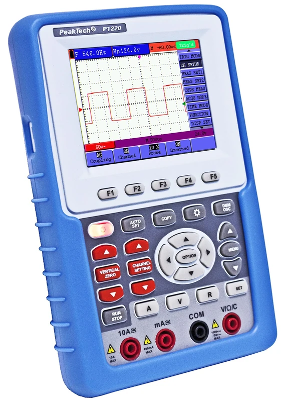 PeakTech 1220-1-channel Handheld Digital Oscilloscope (20 Mhz) and True RMS Multimeter, with USB Interface and 3.8" Color Display, DSO, Record Length 6 K, Case and Accessories