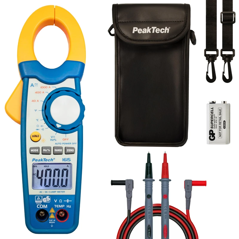PeakTech 1615 - Digital Clamp Meter, 1000 A AC/DC, Clamp Multimeter, TÜV/GS, CAT III, Current Measurements, 4000 Counts, Contactless Voltmeter, Ammeter, Continuity Tester, Data Hold - Max. 600 V